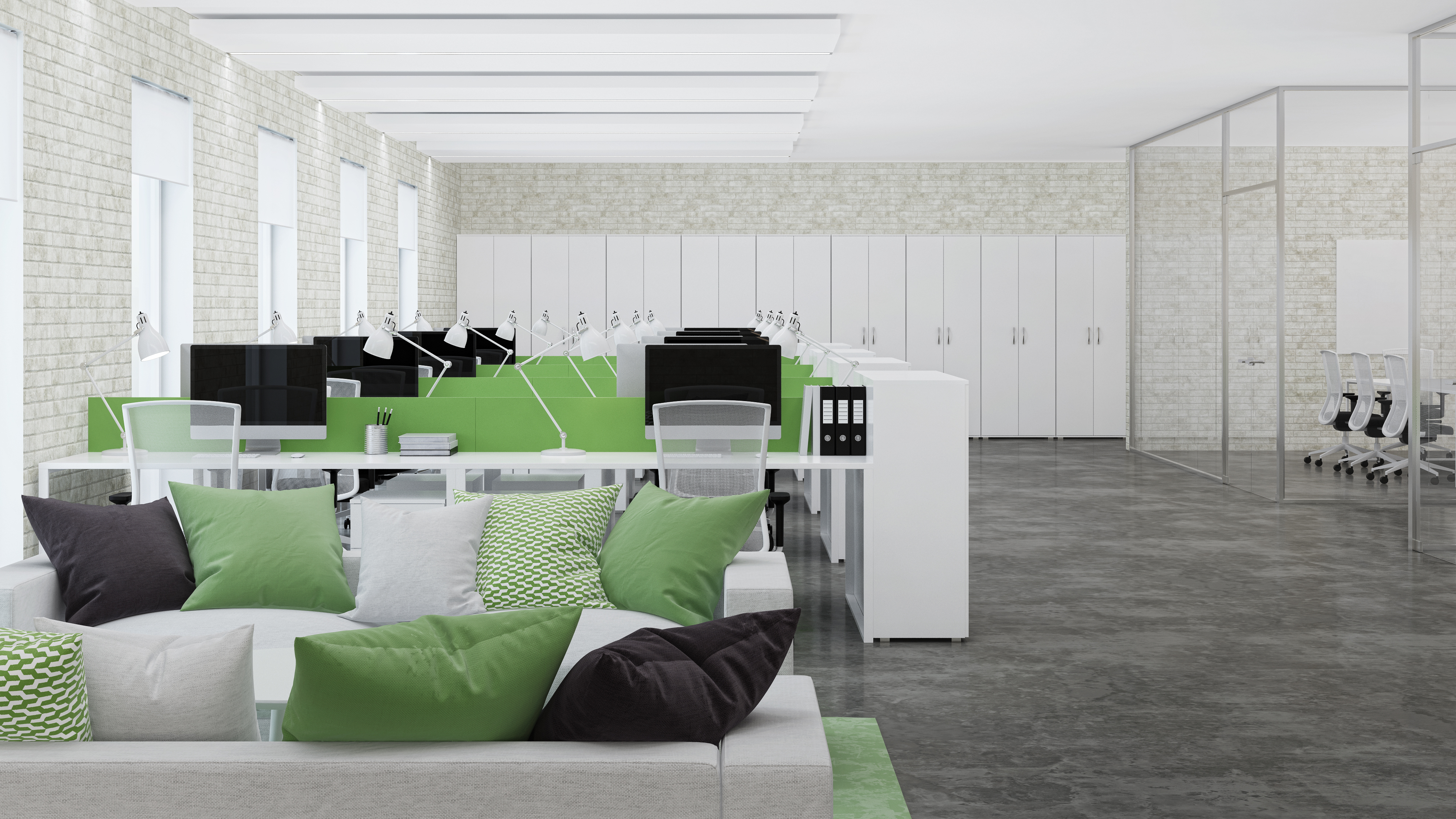 Office space. Design of office. 3D rendering.