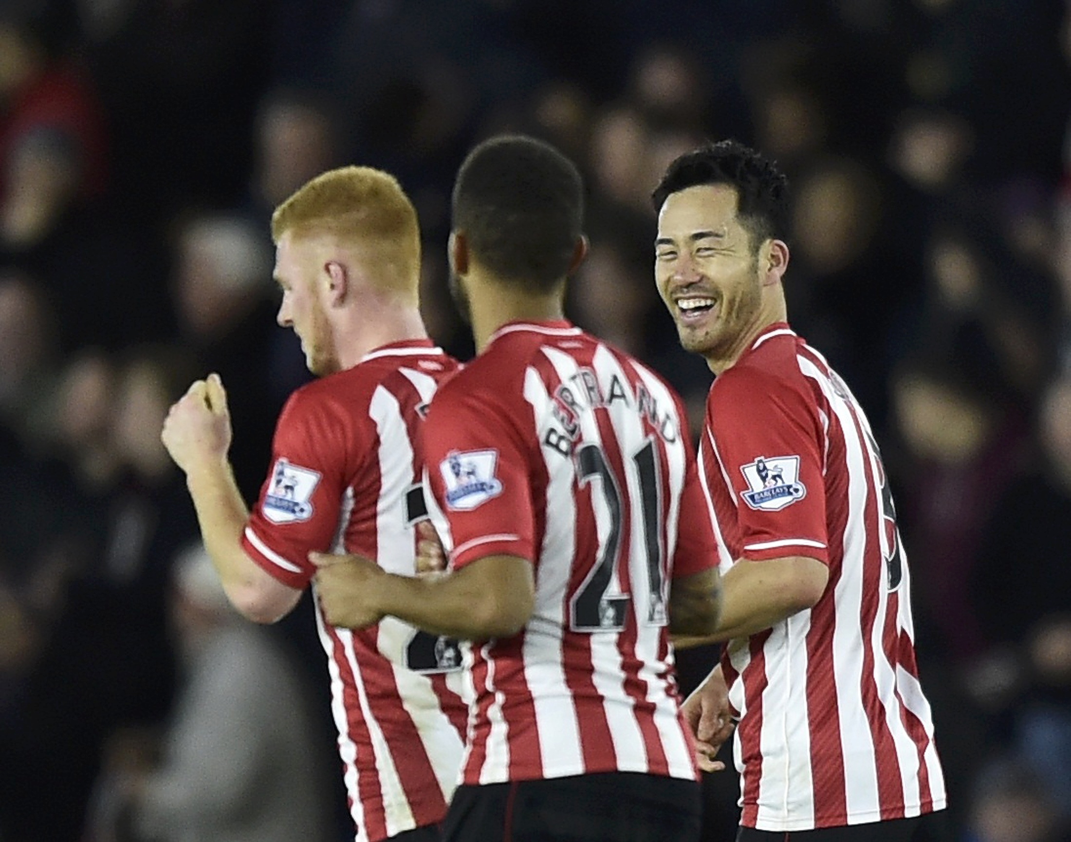 Southampton's Maya Yoshida celebrates with team-mates after scoring a goal against Everton during their English Premier League soccer match at St Mary's Stadium in Southampton